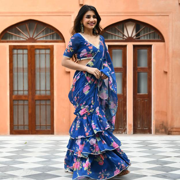 Bunaai Blue Floral Fusion Saree | Relove