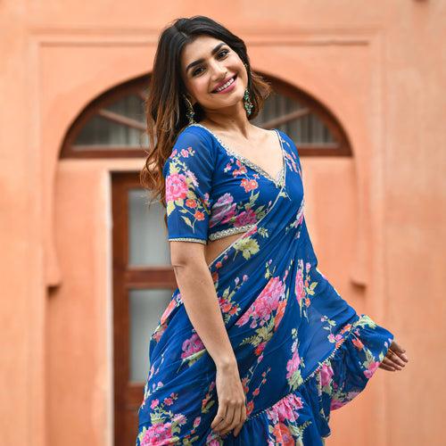 Bunaai Blue Floral Fusion Saree | Relove