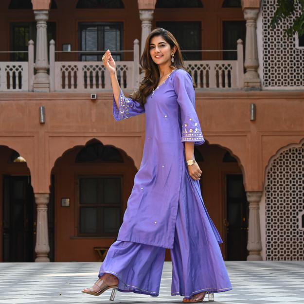 Bunaai Purple Embroidered Kurta & Pants | Relove