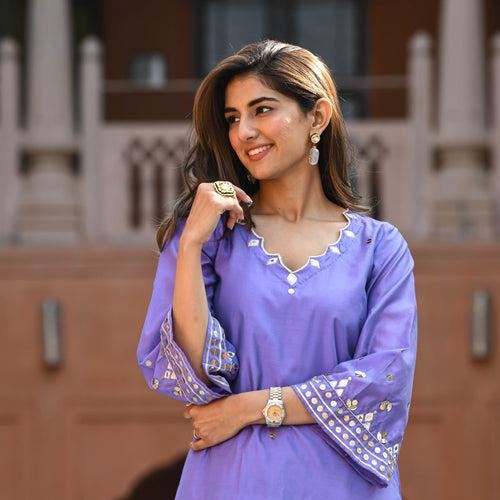 Bunaai Purple Embroidered Kurta & Pants | Relove