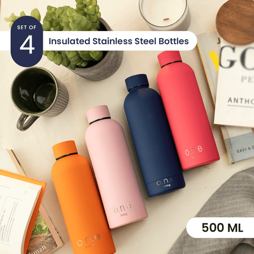 Insulated Stainless Steel Bottles | Set of 4 | 500 ml | Orange, Light Pink, Blue & Dark Pink