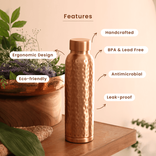 Copper Water Bottles | Set of 2 | 1 L | Hammered