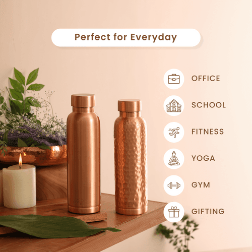 Copper Water Bottles | Set of 2 | 1 L | Hammered