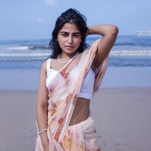 Kota Handblock Printed Saree | Mogra | White & Orange