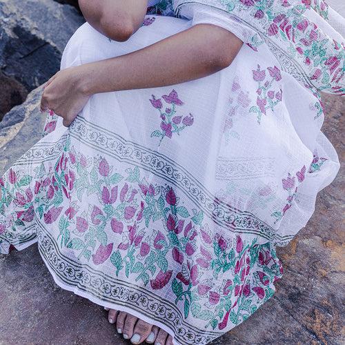 Kota Handblock Printed Saree | Bougainvillea | White & Red