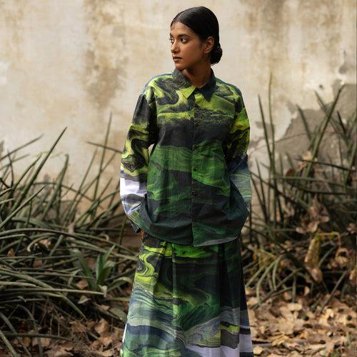 Upcycled Cotton Printed Co Ord Set | Green | Skirt & Shirt