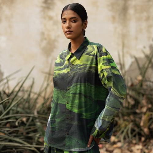 Upcycled Cotton Oversized Shirt for Women | Green | Full Sleeves