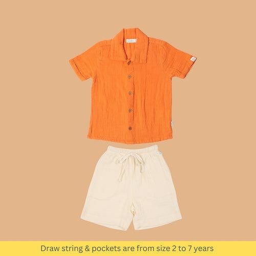 Cotton Collar Shirt with Short for Kids | Orange & White