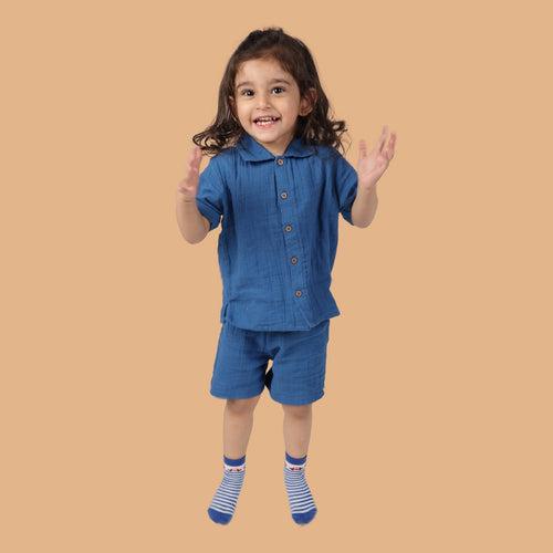 Cotton Collar Shirt with Short for Kids | Greek Blue