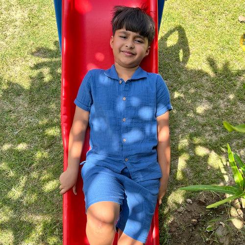 Cotton Collar Shirt with Short for Kids | Greek Blue