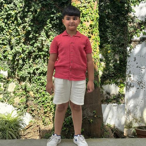 Cotton Collar Shirt with Short for Kids | Nobel Red & White