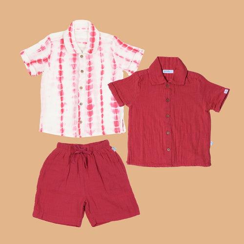 Cotton Collar Shirt with Shorts | Nobel Red | Set of 3