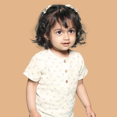 Cotton Kurta Shirt for Kids | Floral Printed | Pink & White