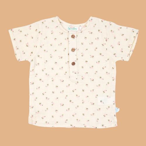 Cotton Kurta Shirt for Kids | Floral Printed | Pink & White