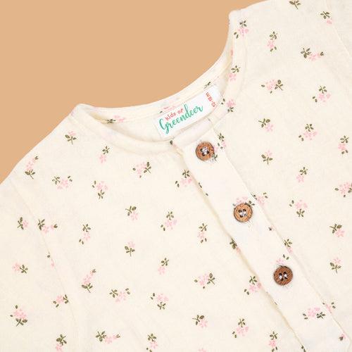 Cotton Kurta Shirt for Kids | Floral Printed | Pink & White