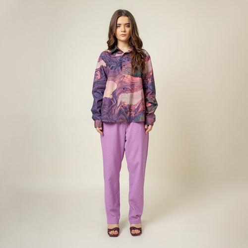 Upcycled Cotton Printed Shirt for Women | Purple | Full Sleeves