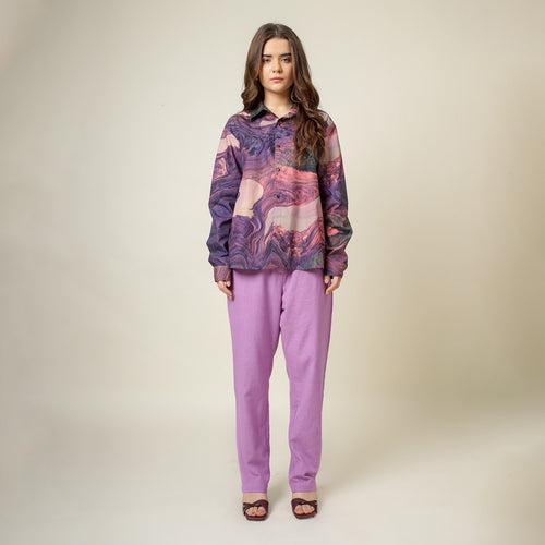 Upcycled Cotton Printed Shirt for Women | Purple | Full Sleeves