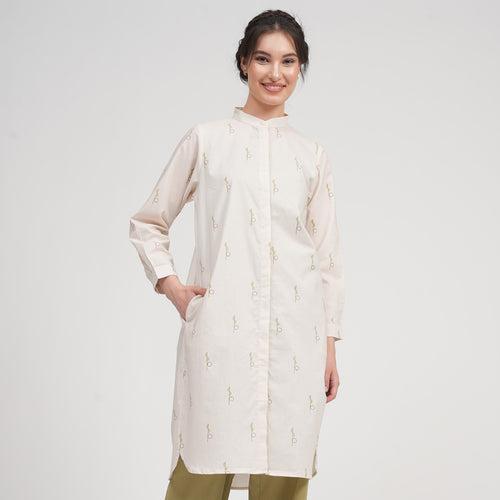 Cotton Linen Long Shirt & Pants | Block Printed | Cream & Sage Green