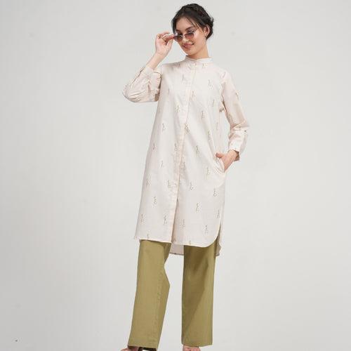 Organic Cotton Long Shirt for Women | Cream | Block Print