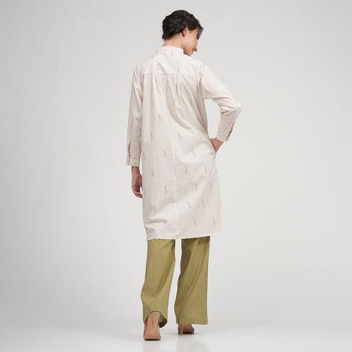 Cotton Linen Long Shirt & Pants | Block Printed | Cream & Sage Green