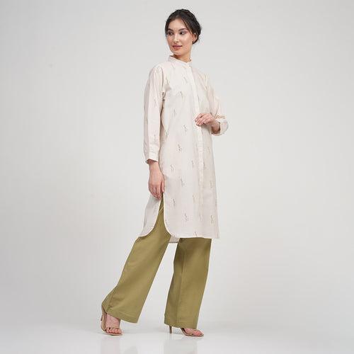 Cotton Linen Long Shirt & Pants | Block Printed | Cream & Sage Green