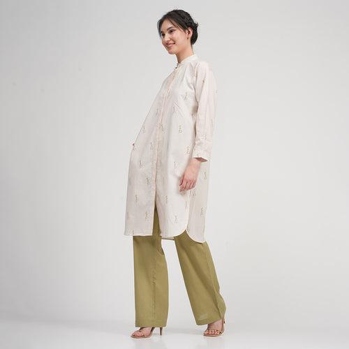 Cotton Linen Long Shirt & Pants | Block Printed | Cream & Sage Green