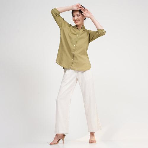 Organic Cotton Shirt & Trouser Set for Women | Green & Cream