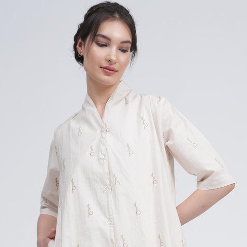 Organic Cotton Long Shirt for Women | Cream | Block Print | Drape Neck