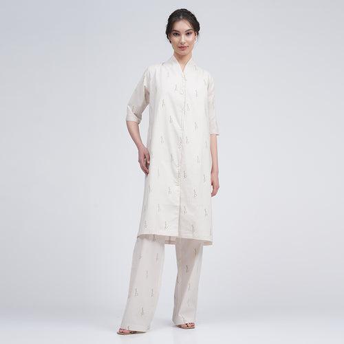 Organic Cotton Long Shirt for Women | Cream | Block Print | Drape Neck