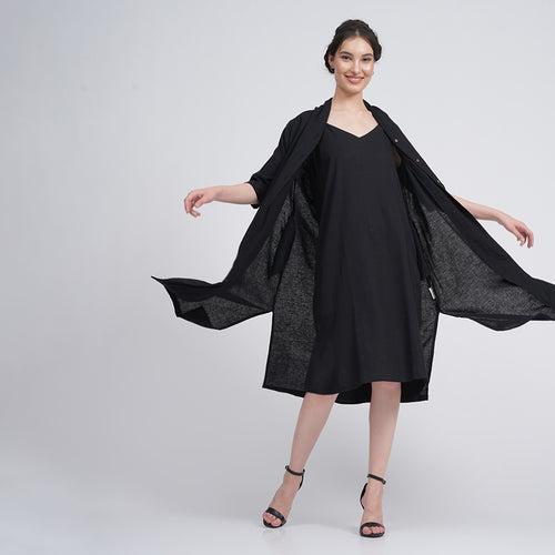 Cotton Tencel Long Shirt & Slip Dress | Black