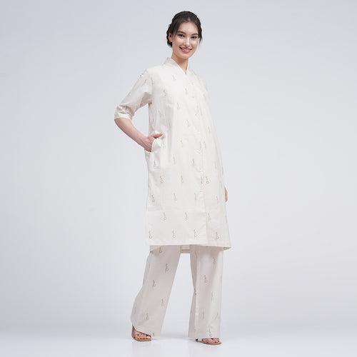Cotton Linen Long Shirt & Pants for Women | Cream | Block Printed