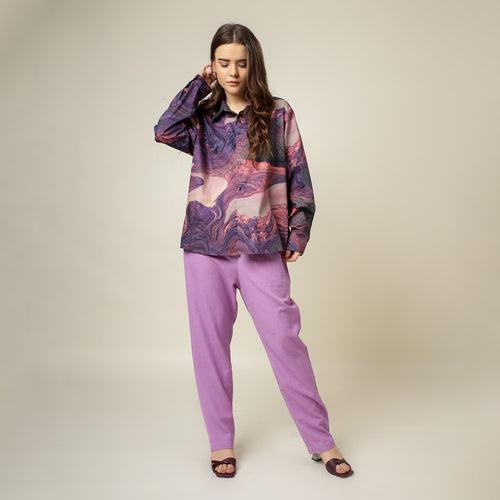 Upcycled Cotton Printed Shirt for Women | Purple | Full Sleeves