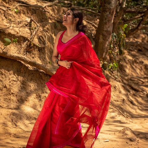 Chanderi Silk Cotton Saree | Red & Pink