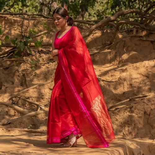 Chanderi Silk Cotton Saree | Red & Pink