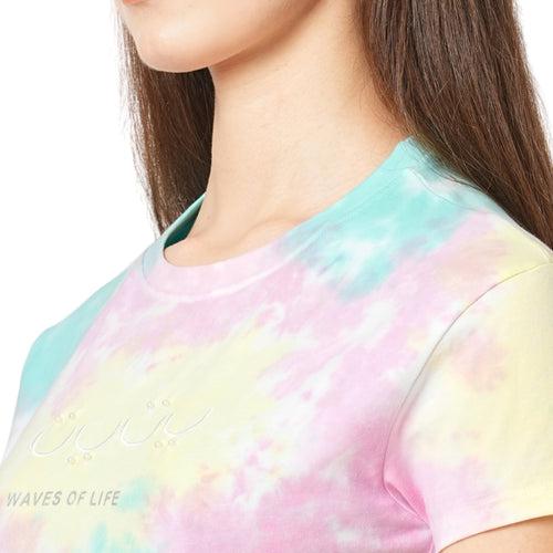 Women Slim Fit Multi Tie-Dye Crop Chest Print T-Shirt