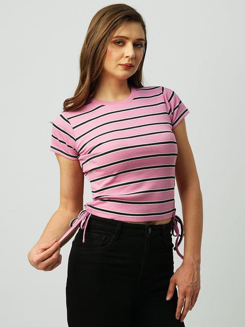 Women Striped Slim Fit Side Tie-Up Crop T-Shirt