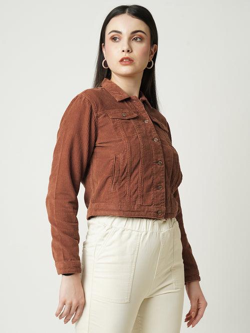 Women Ribbed Slim Fit With Flap Pockets Jacket