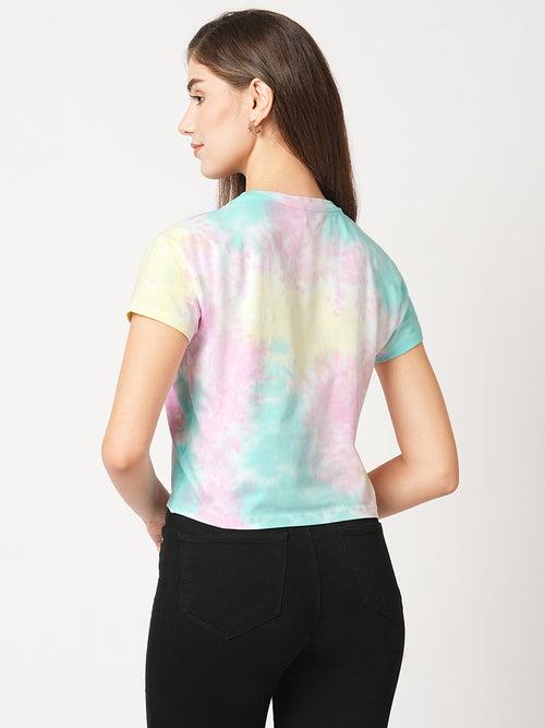 Women Slim Fit Multi Tie-Dye Crop Chest Print T-Shirt