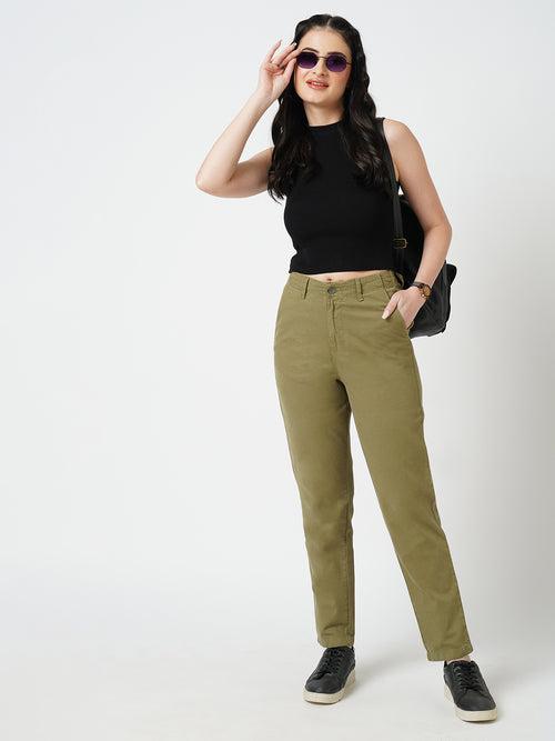 Women Olive Mid Rise Slim Fit Trouser