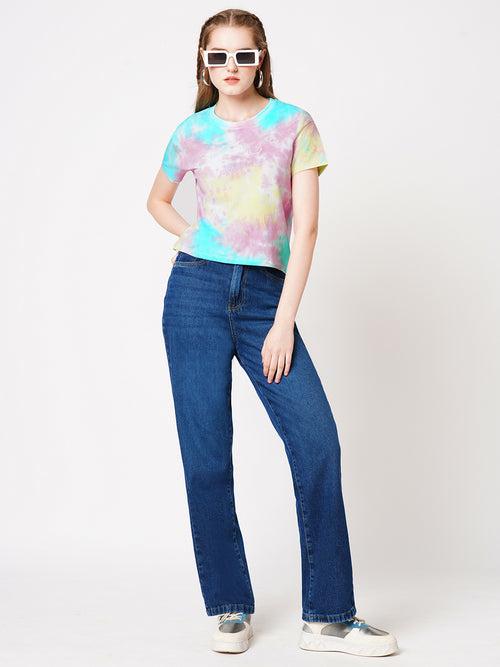 Women Slim Fit Multi Tie-Dye Crop Chest Print T-Shirt