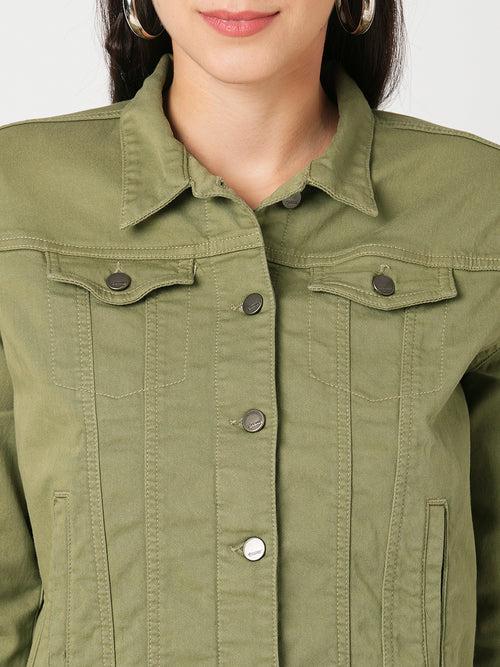 Women Slim Fit Olive Solid Jackets