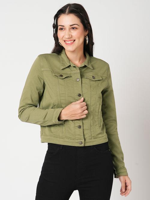 Women Slim Fit Olive Solid Jackets