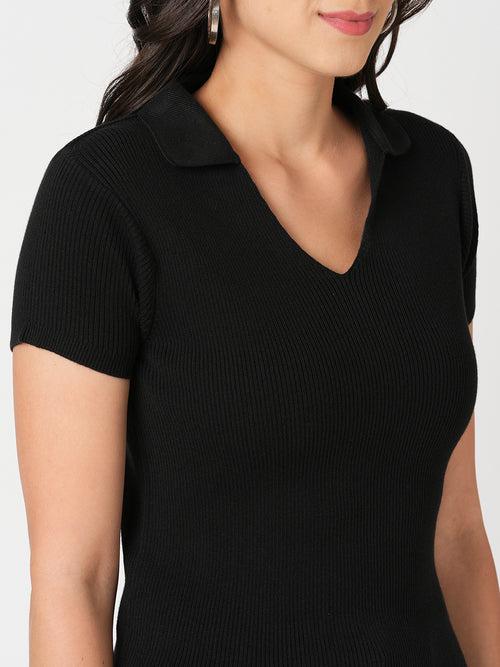 Women Slim Fit Black Solid Crop T-Shirt