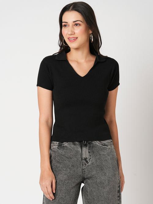 Women Slim Fit Black Solid Crop T-Shirt