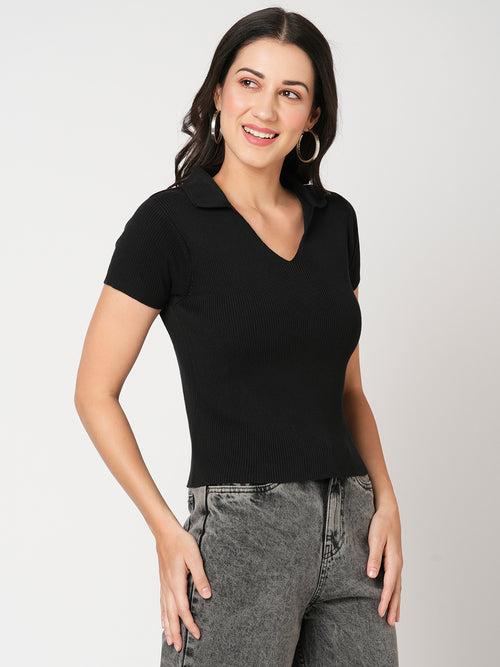 Women Slim Fit Black Solid Crop T-Shirt