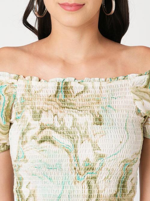 Women Slim Fit Marble Print Off-Shoulder Crop Top