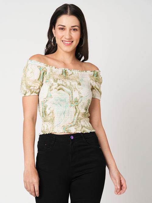 Women Slim Fit Marble Print Off-Shoulder Crop Top