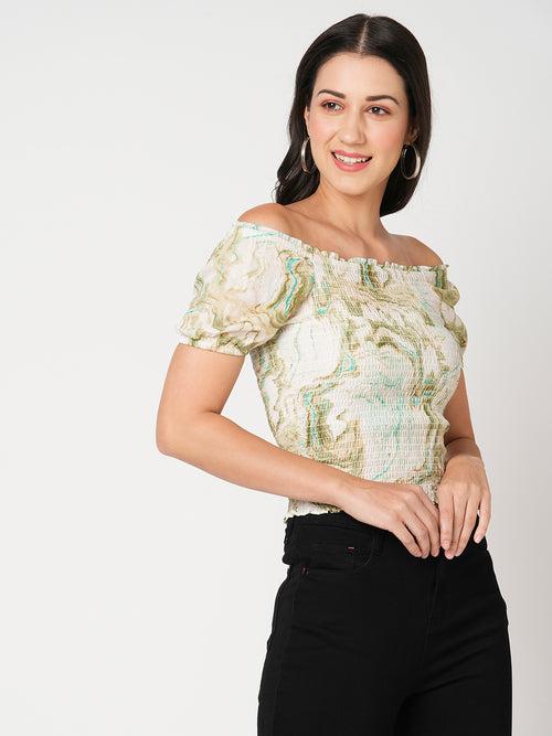 Women Slim Fit Marble Print Off-Shoulder Crop Top