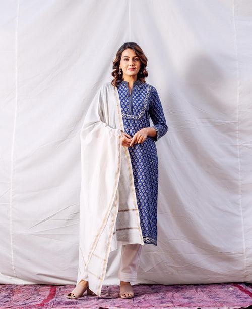 Indigo Hand Block Printed & Embroidered Straight Kurta