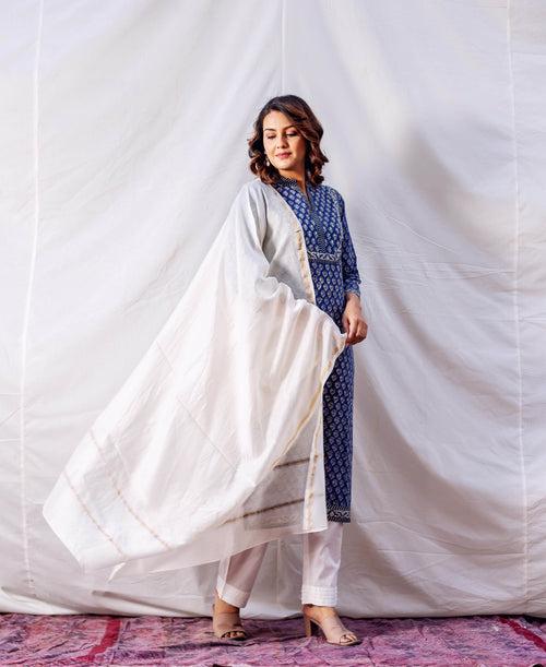 Indigo Hand Block Printed & Embroidered Straight Kurta